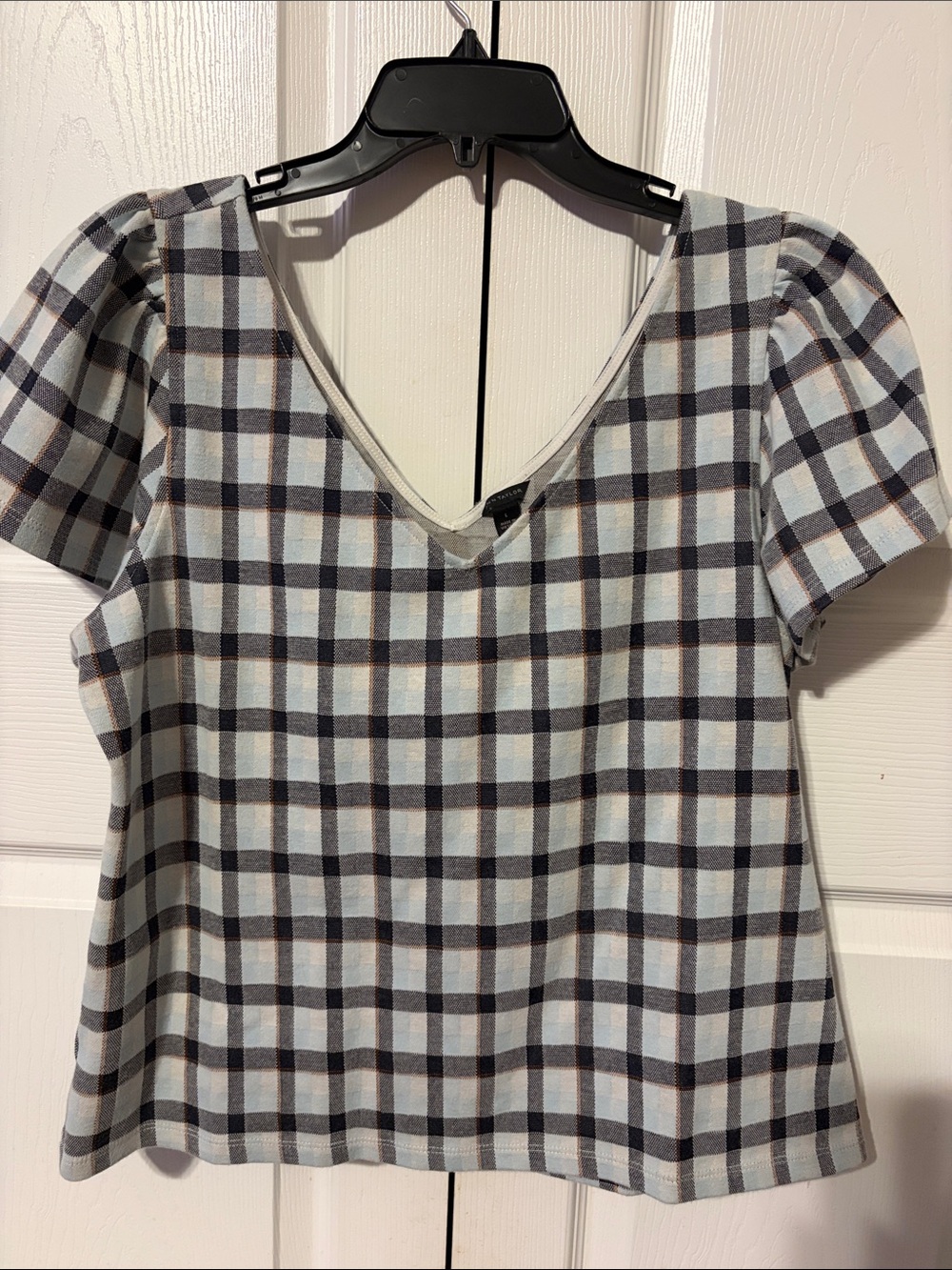 Ann Taylor Light Blue and Navy Plaid V-Neck Puff Sleeve Top